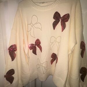 Fantastic Fawn Cream Sweater with Pink Sequin Bows